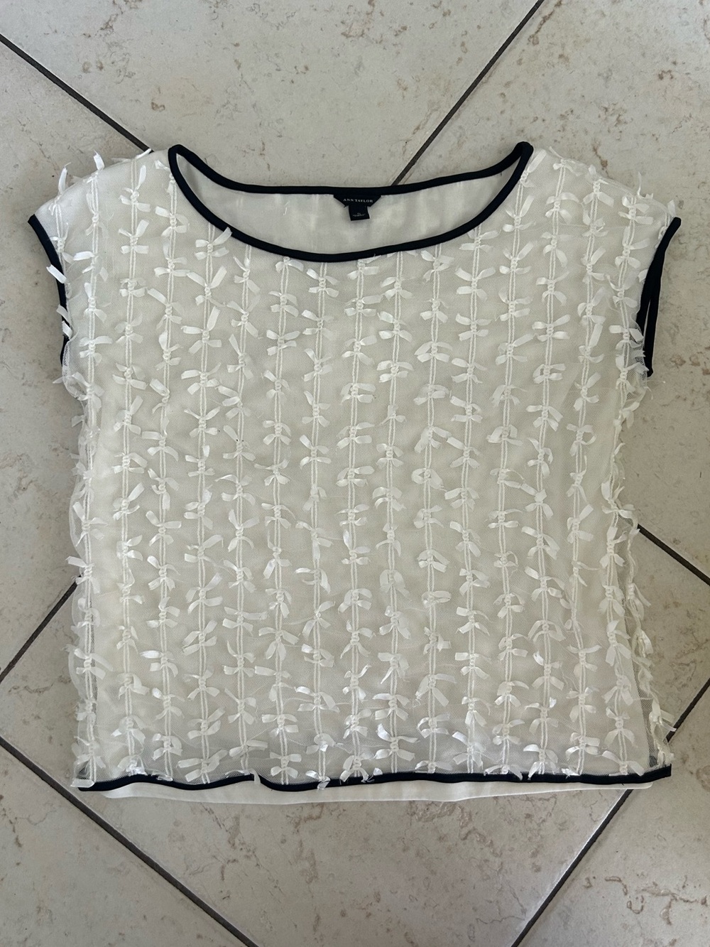 Ann Taylor White Embroidered Cap-Sleeve Top with Black Trim